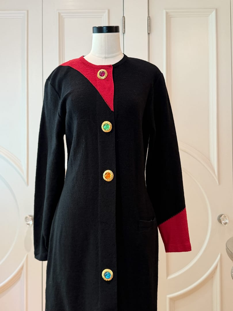 Steve Fabrikant 1980's Colorblock Knit Dress with Gold Tone Buttons ...