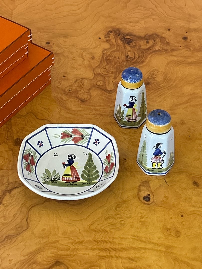 Henriot Quimper Three Piece Set. Salt and Pepper with Octagonal Bowl
