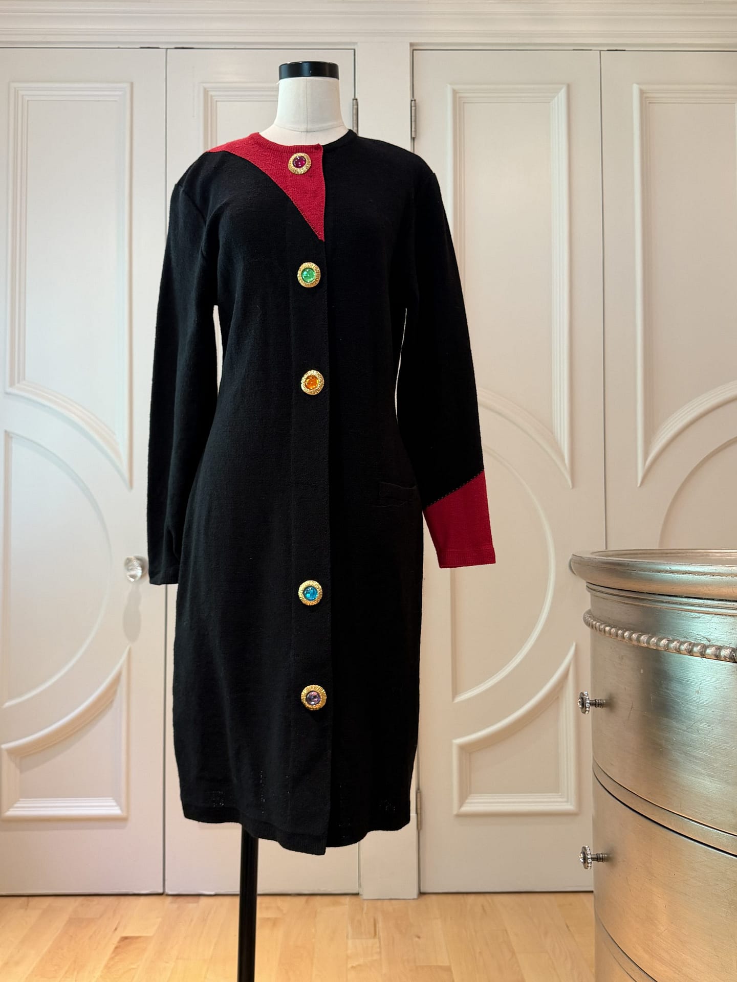 Steve Fabrikant 1980's Colorblock Knit Dress with Gold Tone Buttons ...